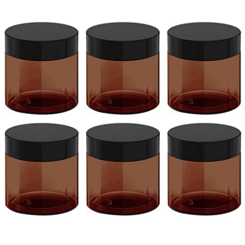 12 oz Amber Plastic Cosmetic Jars Leak Proof Container with Black Lid for Cream, Lotion, Powder, ointment, Beauty Products etc, 6 Pcs.