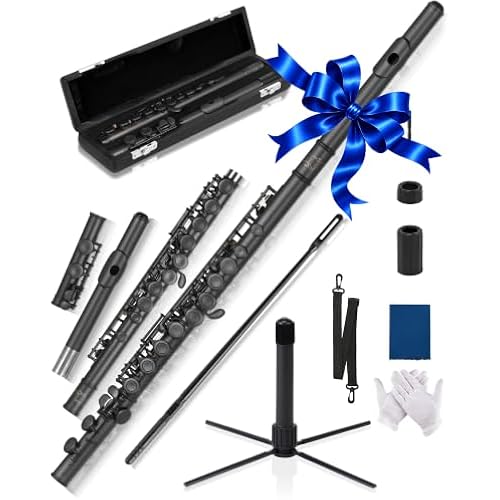 AKLOT Closed-Hole Concert C Flute: Flute Instrument with 16 Keys, Offset G, Smooth Black Nickel Keys, Air-Tight Pads, Include Stylish Leather Hard Case, Cleaning Kit, Stand, Gloves (LUM-MB)