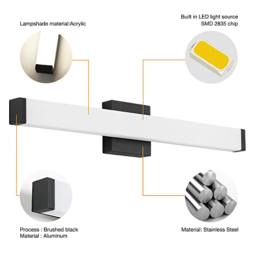 Image of Bathroom Vanity Light Brushed Nickel Square LED 24 inch 14W 4000K Natural White Light Wall Bar Lighting Fixtures Over Mirror (Matte Black, 24in)