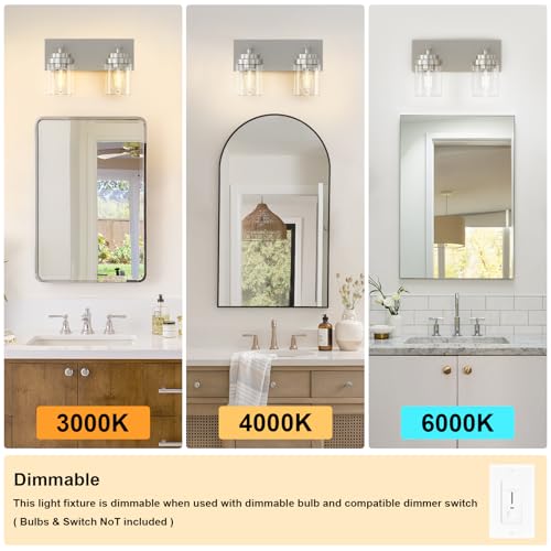 Image of IZORRO Bathroom Vanity Light Fixture, 2-Light 15 Inch Brushed Nickel Bathroom Light Fixtures Over Mirror, with Clear Glass Shade, Modern Farmhouse Vanity Lights, Rustic Restroom Lighting Fixtures