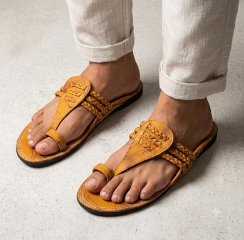 Image of Agadi Men's Kolhapuri Style Sandals | Handcrafted Woven Strap Toe Ring Chappals | Comfortable Ethnic & Casual Slip-On Footwear for Men