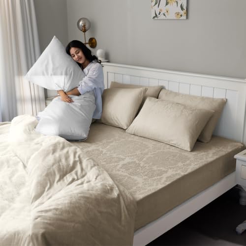 Image of Blue Dahlia 100% Cotton, King Size /Double, Elastic Fitted Bedsheet (72 inchx78 inch) + 2 Pillow Covers, Fits Upto 10 inch Mattress, 300TC Premium Bedsheet, Symmetrical Jacquard Pattern - Beige