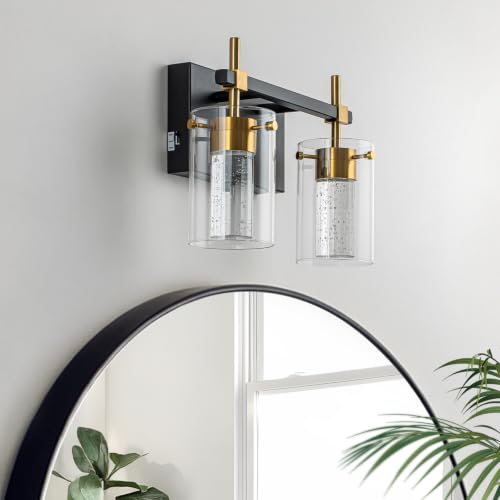 Image of 2-Light Black and Gold Vanity Light with 3 Color Modes (3000K /4000K /6000K), Eye Protection LED Bathroom Light Fixture, Dimmable Modern Wall Light Over Mirror with Clear Glass Shade