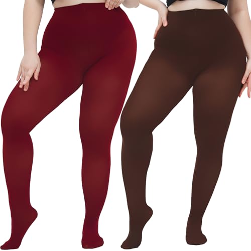 Image of Women's Plus Size Tights Opaque Ultra-Soft Pantyhose High Waist Run Resistant Solid Color Elastic Tights 1X, 2X, 3X, 4X Brown + Burgundy X-Large