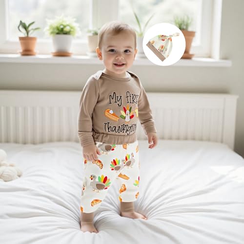 Lamuusaa Newborn Baby Boy Thanksgiving Outfit My First Thanksgiving Romper Turkey Long Pants Hat 3Pcs Clothes Set3