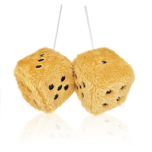 Fuzzy Dice for Car Rear View Mirror, Pair of 3” Retro Gold Plush Dice | Classic Retro Hanging Ornaments Dice for Car Rearview Mirror, Soft Interior Decoration, Easy to Hang, Fun Gift for Car Lovers