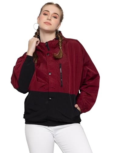 Image of CHKOKKO Womens Stylish Oversized Windcheater Jacket with Zip Closure Lightweight Sportswear for Running Travel Hiking Outdoor and Rainy Season Wear WineBlack L