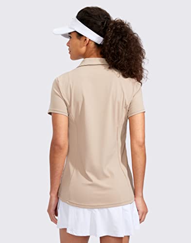 Viodia Women's Golf Shirt Short Sleeve With Zip Up Quick Dry Stretch Tennis Collared Polo Shirts For Women Golf Apparel Clothes Light Khaki #TOP1