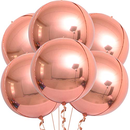 Big Rose Gold Balloons for Birthday - Pack of 6 | 22 Inch 360 4D Round Sphere Rose Gold Foil Balloons | Mirror Finish Rose Gold Mylar Balloons Rose Gold Party Decorations, Rose Gold Metallic Balloon