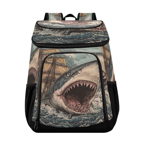 Shark Attack Beige Cooler Backpack Leakproof Insulated Lunch Cooler Bag 30 Cans Camping Backpacks for Women Men