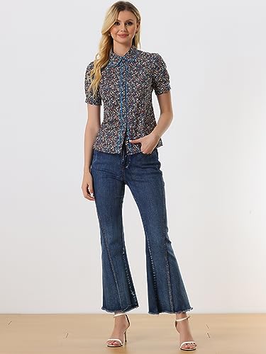 Allegra K Peter Pan Collar Blouse for Women's Contrast Trim Puff Sleeve Peasant Floral Shirt4