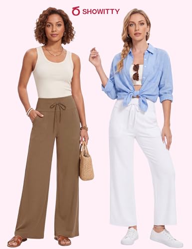 Image of Showitty 1 /3 Pack Women's Wide Leg Pants with Pockets, Casual Loose Pajama Palazzo Trousers Sweatpants for Yoga Lounge