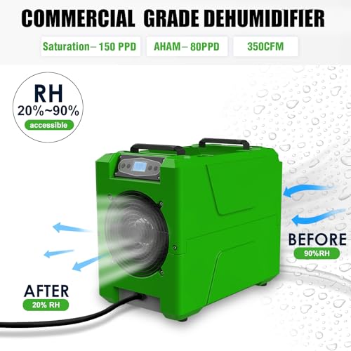 Image of Mounto 150 Pints Compact Commercial Dehumidifier, LGR Technology, Built-in Pump, ETL Certified, Ideal for Large Spaces, Water Damage Restoration, Industrial Use (Green)