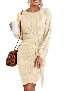 Hotouch Robe Pull Femme Elégant Robe Tricoté Manche Longue Robe Automne Hiver Casual Tunique Jupe Robe Moulante Slim avec Ceinture Chic Beige M