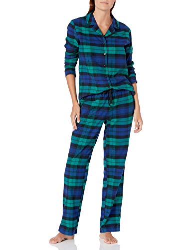 Amazon Essentials Women's Flannel Long Sleeve Shirt and Full Length Pant Pajama Set, Blackwatch Plaid, Medium