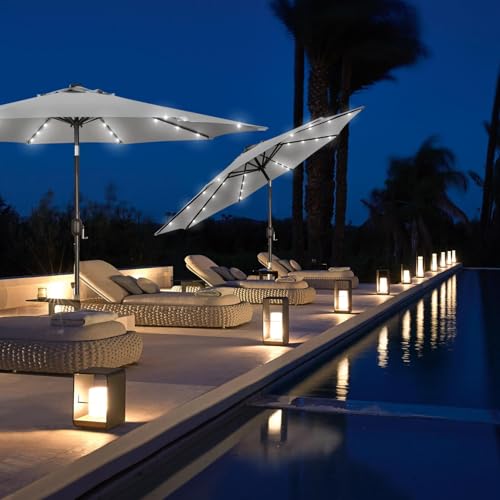 Image of Blissun 9 ft Solar Umbrella, Patio Umbrella with 32 LED Lights, Table Market Umbrella, Outdoor Umbrella for Garden, Deck, Backyard (Light Grey)