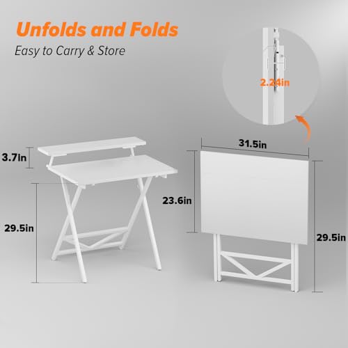 Image of WOHOMO Folding Computer Desk with Adjustable Height, 23.6 inch x 31.5 inch x 25.6 inch Foldable Table with Monitor Stand, Small Office Desk for Bedroom, Space Saving Desk for Home Office, Easy Assemble, White