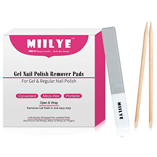 MIILYE Gel Nail Polish Remover Pads, 60 Individual Fingernail Gel Nail Polish Remover Wipes Soak off Aluminum Foil Wraps,1x Nail File +1x Scrape Stick Included