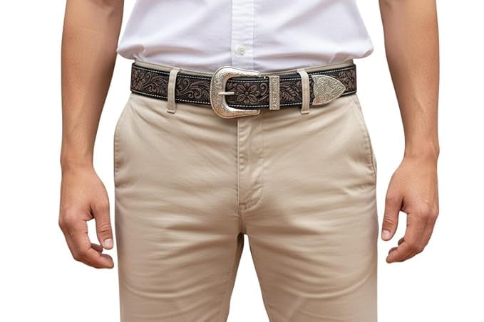 Image of Western Leather Belt for Men & Women, Floral Embossed Cowhide, Durable Rodeo Style for Jeans, Casual Wear & Country Outfits