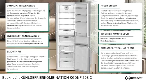 Bauknecht KGDNF 203 C/Freistehende Kühl- Gefrierkombination/Dynamic Intelligence/Dual Cool Total NoFrost/EEK C/Smooth Fit/EvenFlow/FreshShield/ 25 Years Compressor Lifetime Tested by VDE