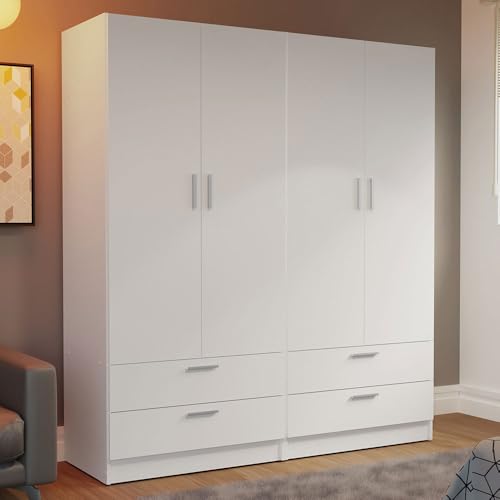 4-Door Wooden Wardrobe with Shelving and Hanging Space - White