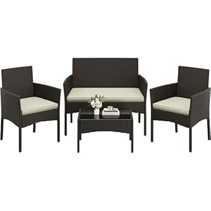 Yaheetech 4-delige tuinmeubelset, balkonmeubelset van polyrotan, terrasmeubels, voor buiten, met 2-zitsbank, 2 stoelen, tafel en zitkussens voor terras/balkon/tuin