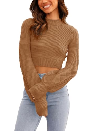 Image of Womens Sexy Crew Neck Cropped Sweaters Knit Long Sleeve Crop Tops Pullover | Ribbed Knit, Long Sleeve, Crop Tops, Pullover,Crew Neck