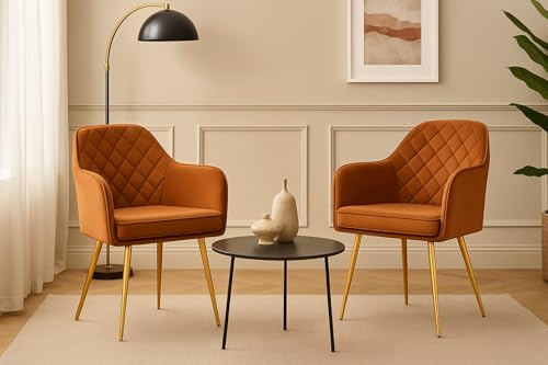 Image of Barfi Velvet Dining Chair | Set of 2 Premium Modern Upholstered Accent Chair with Armrest, Padded Seat and Metal Legs | Comfy Chair for Home, Office & Restaurents | (Light Brown)