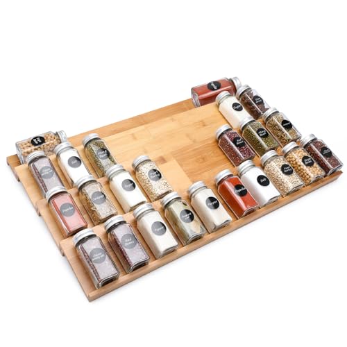 Bamboo Spice Drawer Organizer, 4 Tier In Drawer Spices Rack for Cabinet Drawer Expandable From 13