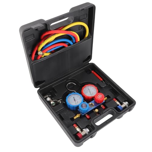 Juego de Manómetros para Aire Acondicionado de 3 Vías, Resistente, con Mangueras de 5 pies y Acopladores para Refrigerantes R134A, R22, R12 y R502 miniatura 1