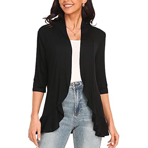 Argstar Lightweight Cardigans for Women, Open Front Casual Soft Draped Ruffles 3/4 Sleeve Black S Cover