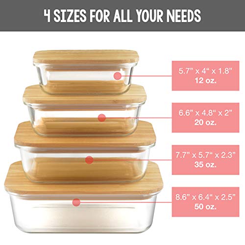 Set of 4 Rectangular Glass Food Storage Containers with Eco-Friendly Bamboo Lids | Multi-Pack Glass Bento Mixing Bowls for Meal Prep, Leftovers, Baking, Cooking & Lunch | BPA-Free Kitchen Items