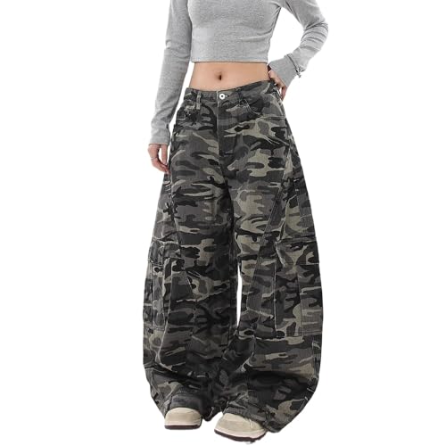 Womens Baggy Camo Cargo Jeans Y2K Low Rise Wide Leg Barrel Jeans Multi-Pockets Boyfriend Vintage Denim Pants Streetwear