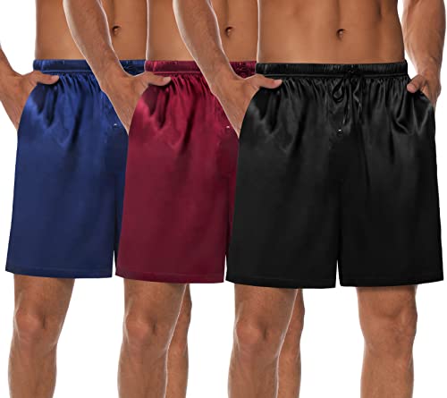 Swomog Mens 3 Pack Silk Satin Pajama Shorts Sleeping Bottoms Silky Pj Shorts Satin Sleep Lounge Bottoms Elastic Band With Pockets #TOP3