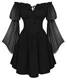 SCARLET DARKNESS Damen Renaissance Sommerkleid Schulterfrei Lace up Korsett Kleid Chiffon Langarm Minikleid Schwarz S
