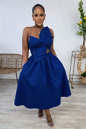 Image of YUEWOO Midi Dresses for Women Casual Summer Sundresses Vacation Outfits Spaghetti Strap Smocked Women Maxi Dress with Pockets