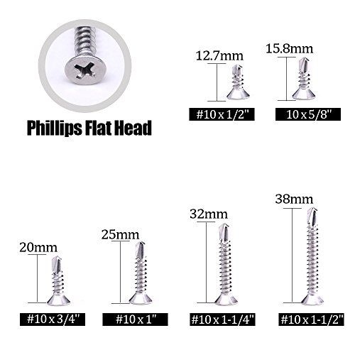 image for Hilitchi 410 Stainless Steel #10 Flat Head Phillips Self Drilling Scre