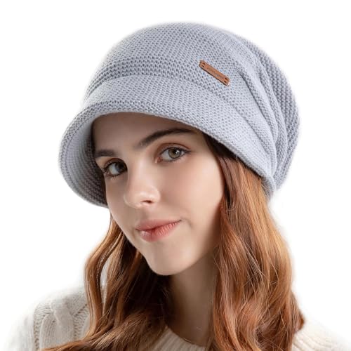 Winter Knit Hats with Visor Brim for Women Fleece Lining Warm Beanie Hats Stylish Slouchy Snow Caps Light Grey