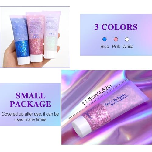 Sularpek 3 Pcs Face Glitter, 50ml Hair Glitter Gel, Sequins Shimmer Liquid Eyeshadow - Image 2