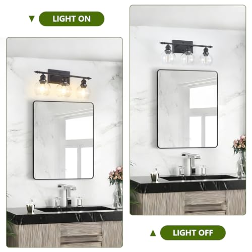 Image of 3-Light Bathroom Light Fixtures Matte Black Vanity Light Over Mirror Modern Vanity Lighting with Clear Glass Globe Vintage Wall Sconce for Kitchen Living Room Hallway Bedroom