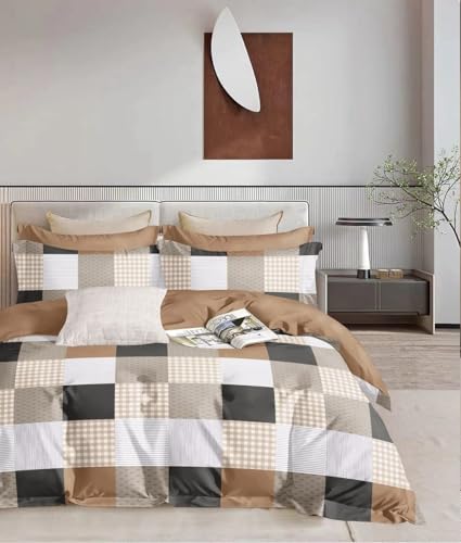 Image of 300 TC Premium Cotton Single Bed Duvet Cover with Zipper |King Size Reversible Rajai Cover for Comforters|Dohars|Blanket|Warm Stuff|90x60 Inches|Multi Beige Blocks|ASS69