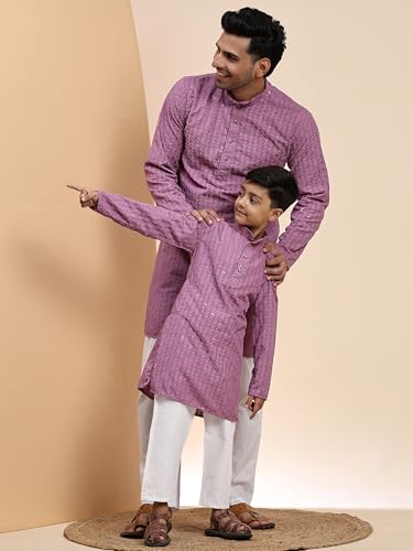 Image of Pro-Ethic Style Developer Men Silk Striped Father Son Matching Ethnic Wear Embroidery Mirror Work Kurta Pyjama Set |(Combo)B-117