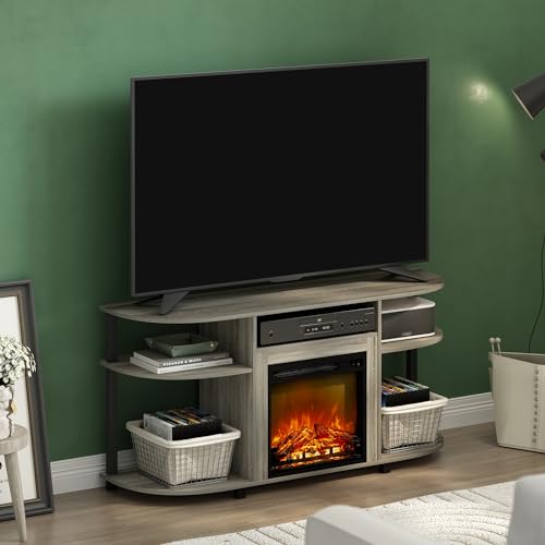 Image of Furinno Jensen Fireplace TV Stand, Curved Entertainment Center, TV Console for TV up to 55 Inch with Fireplace and Open Storage, for Living Room, Bedroom, French Oak Grey