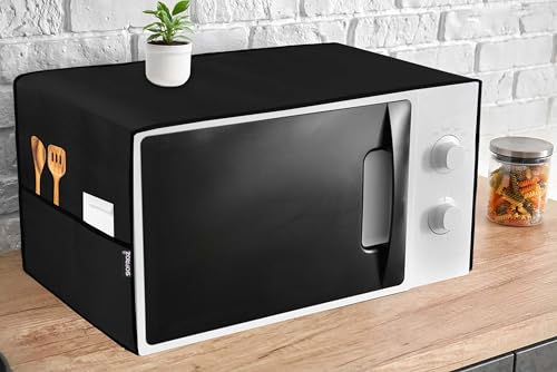 Image of Microwave Oven Cover for Durable, Waterproof and Dustproof Kitchen Protector with 4 Side Storage Pockets for Kitchen Accessories (100 x 35 cm) (Black)