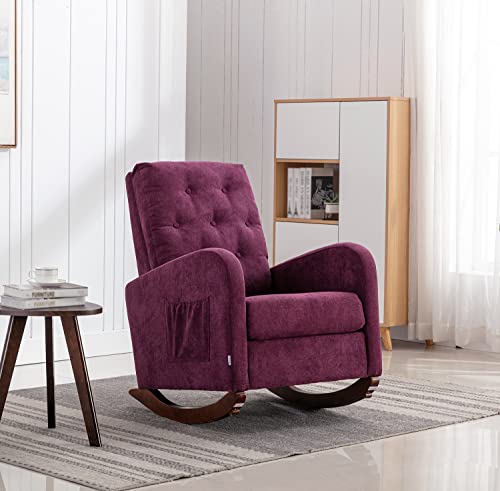 Modern Accent Rocking Chair, Upholstered Nursery Glider Rocker for Baby and Kids, Comfy Armchair with Side Pocket, Living Room Lounge Arm Chair, High Backrest with Decorative Buttons, Purple