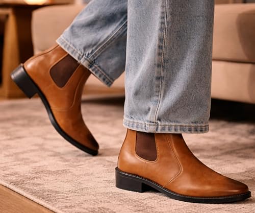 Image of Kraasa Men's Synthetic Leather Chelsea Boots - Slip-On Ankle Boots with Elastic Side Panels & Low Heel, Formal Casual Wear