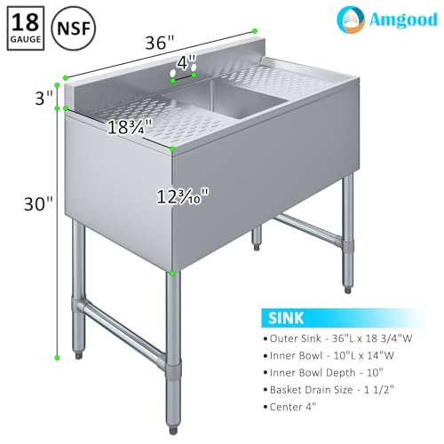 Image of AmGood One Compartment Stainless Steel Under bar Sink (Sink Size: 36 inchx19 inch, Single Bowl + 2 Drainboards)