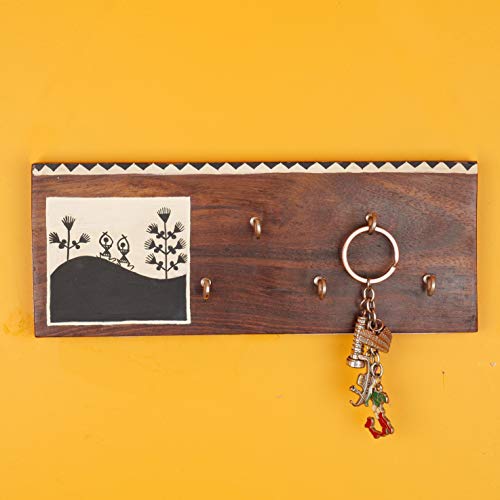 Image of Artysta 'Celebration of Life' Wooden Key Holder | Wall Mounted Key Chain Holder | Key Organizer | Handmade Painted Key Hanger | Home Decor Gifts | 5 Key Hooks| (Black & White)