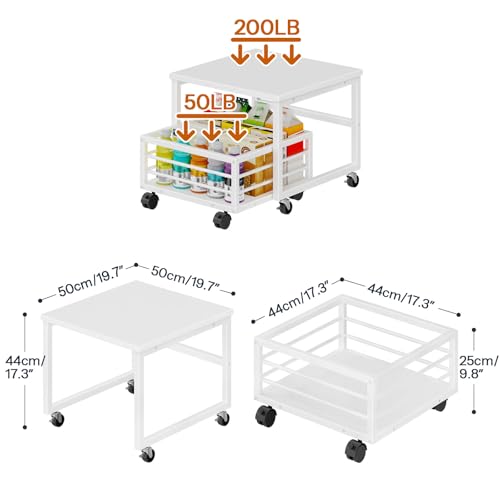 Image of HOOBRO Mini Fridge Stand with Movable Storage Basket, Wheels and Adjustable Feet, Sturdy Metal Frame, for Home, Apartment, Office, White