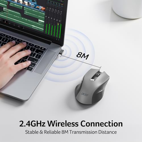 Image of acer Wireless Mouse for Laptop, 2.4GHz Computer Mouse 3 Adjustable DPI Office Cordless USB Mice with USBA Receiver, 6 Buttons, 1600 DPI, Medium to Large Sized Hands (Grey)